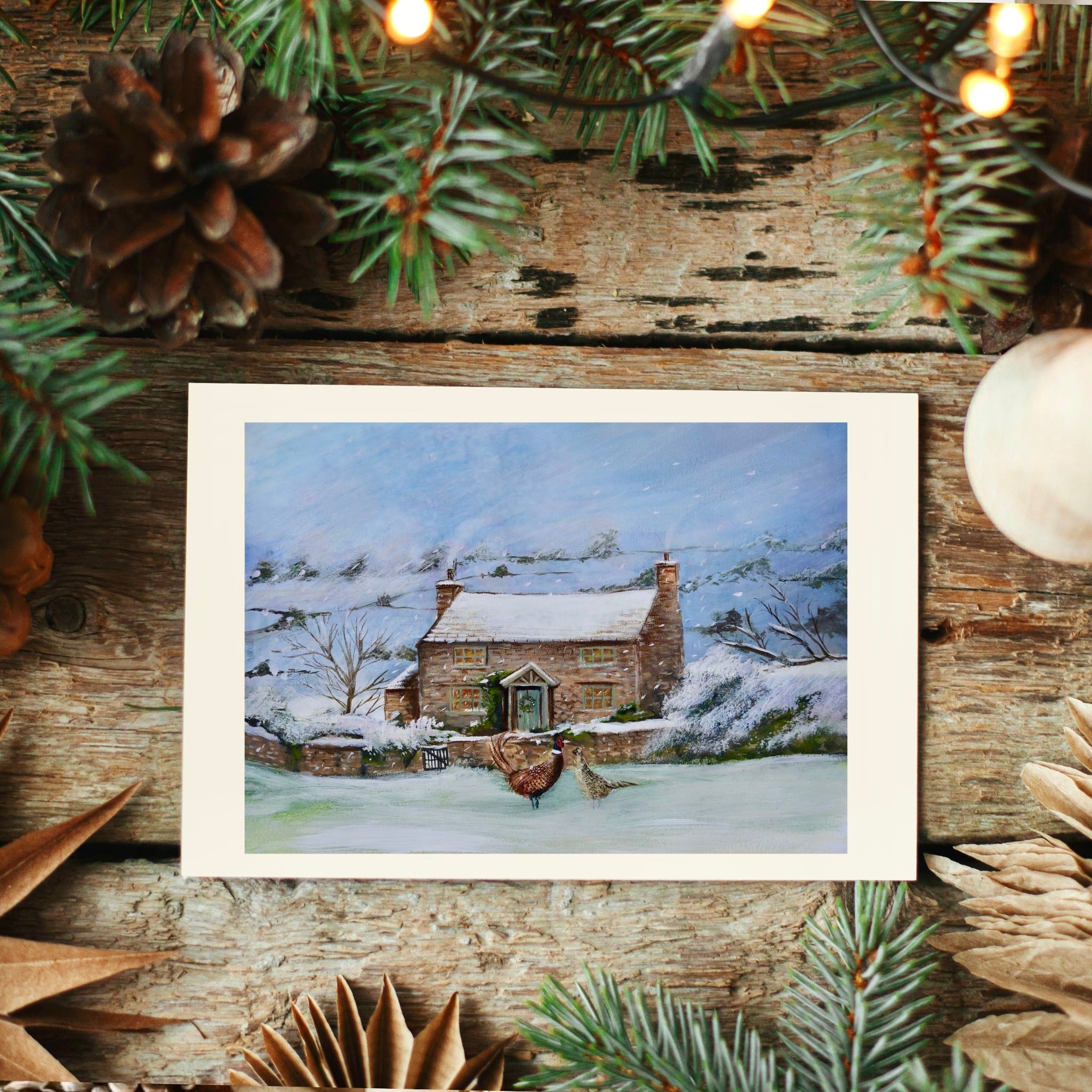 Winter Cottage with Pheasants Fine Art Print