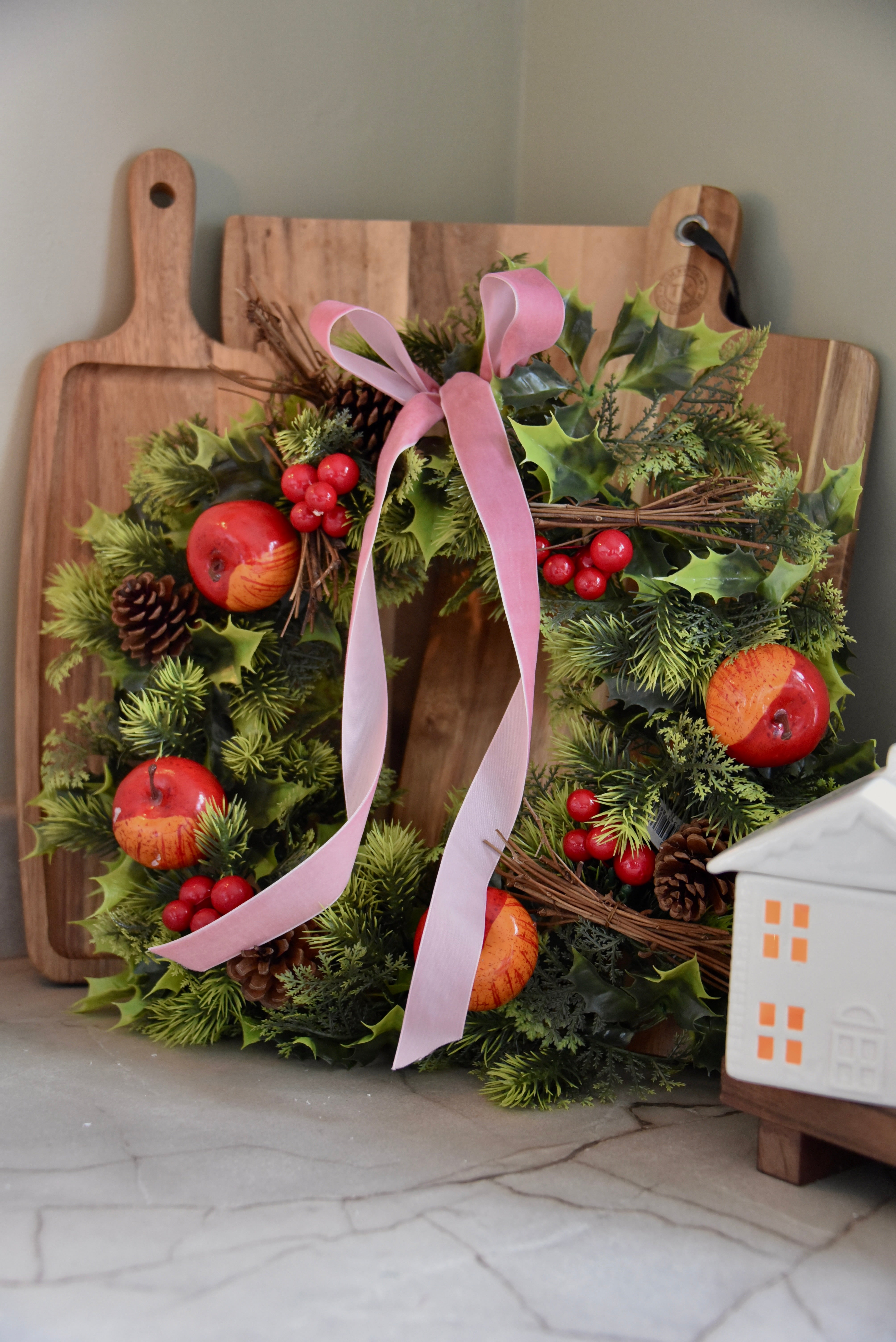 Winter Wreath with Velvet Pink Ribbon