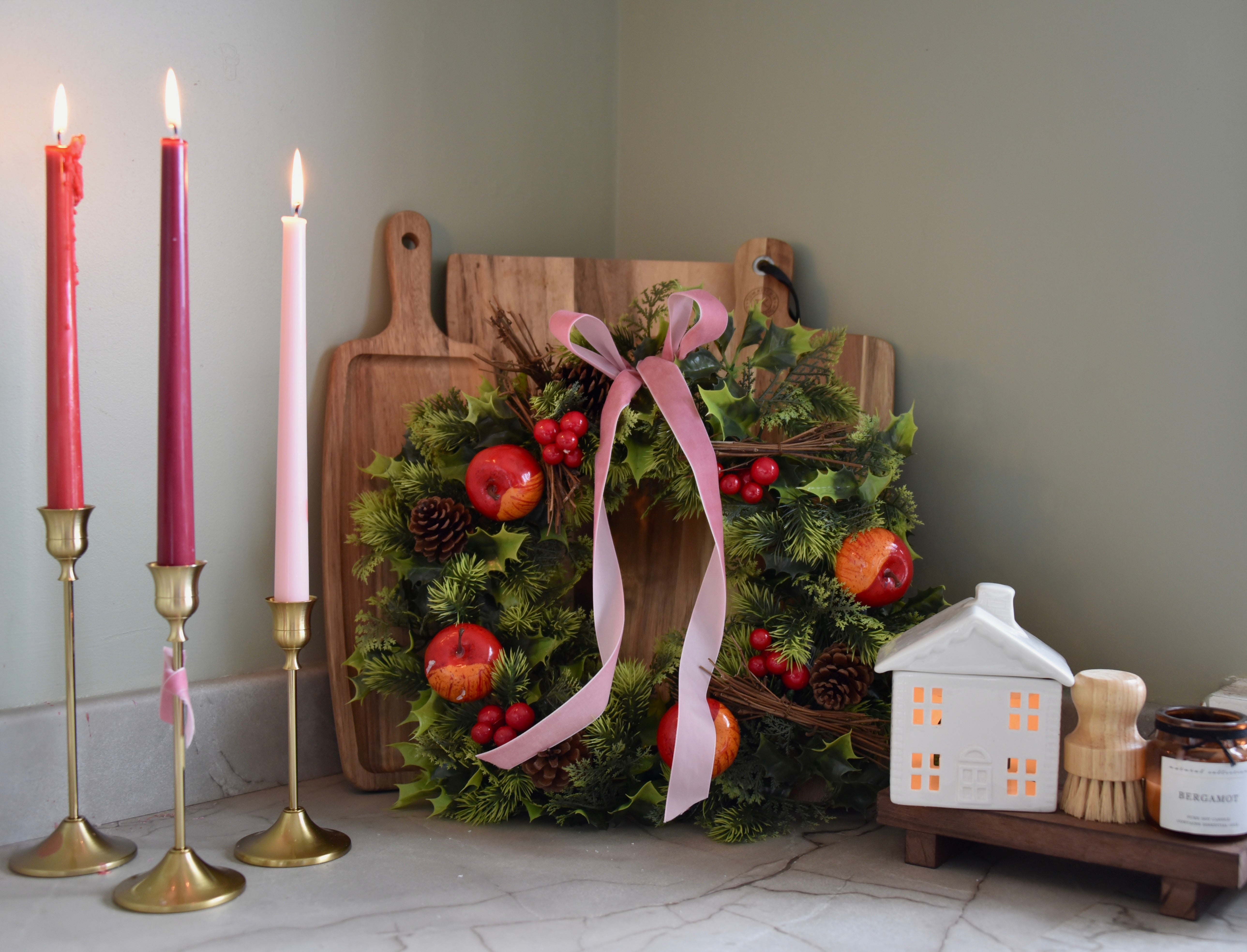 Winter Wreath with Velvet Pink Ribbon