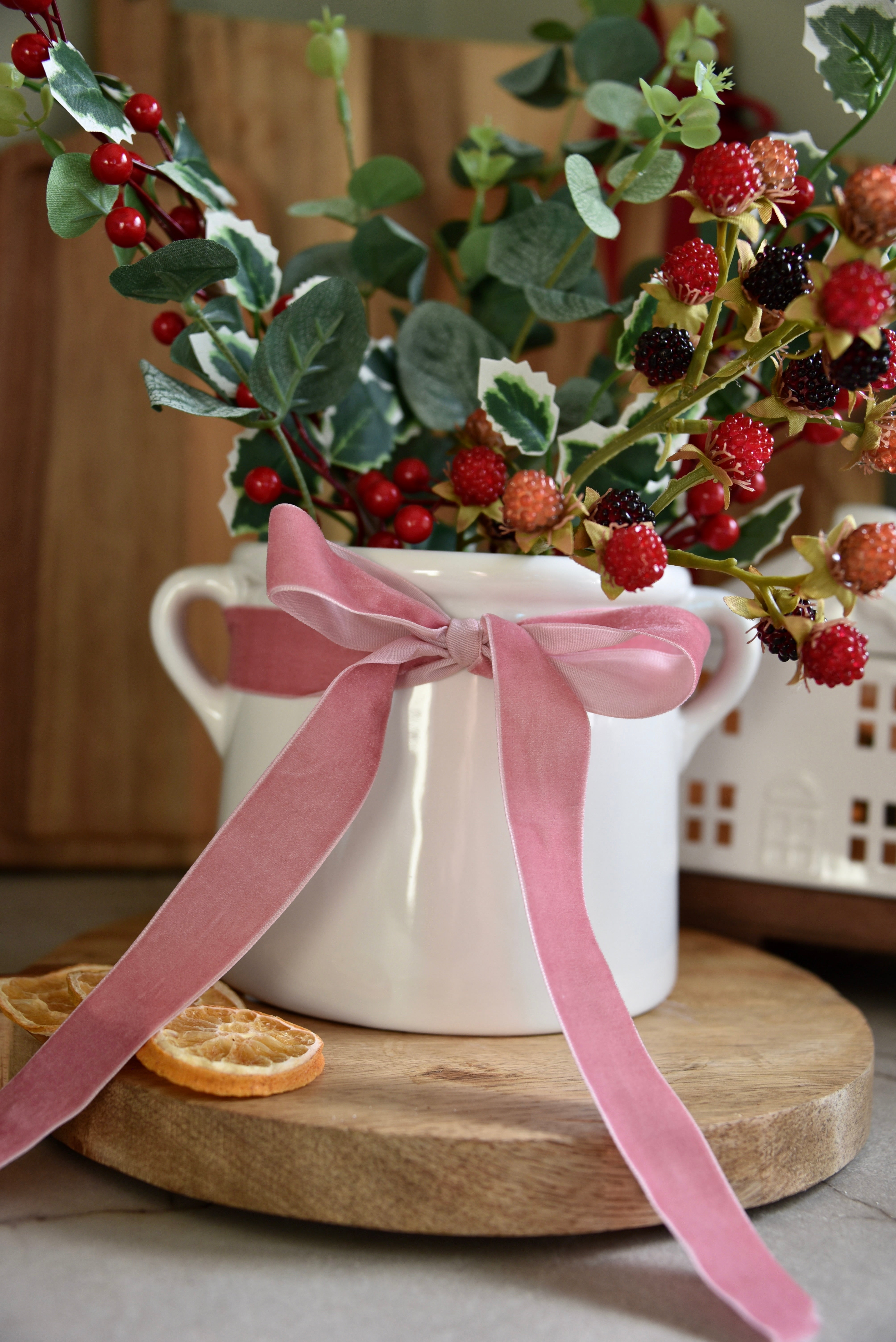 White Ceramic Vase with Pink Bow and Faux Berry Bouquet