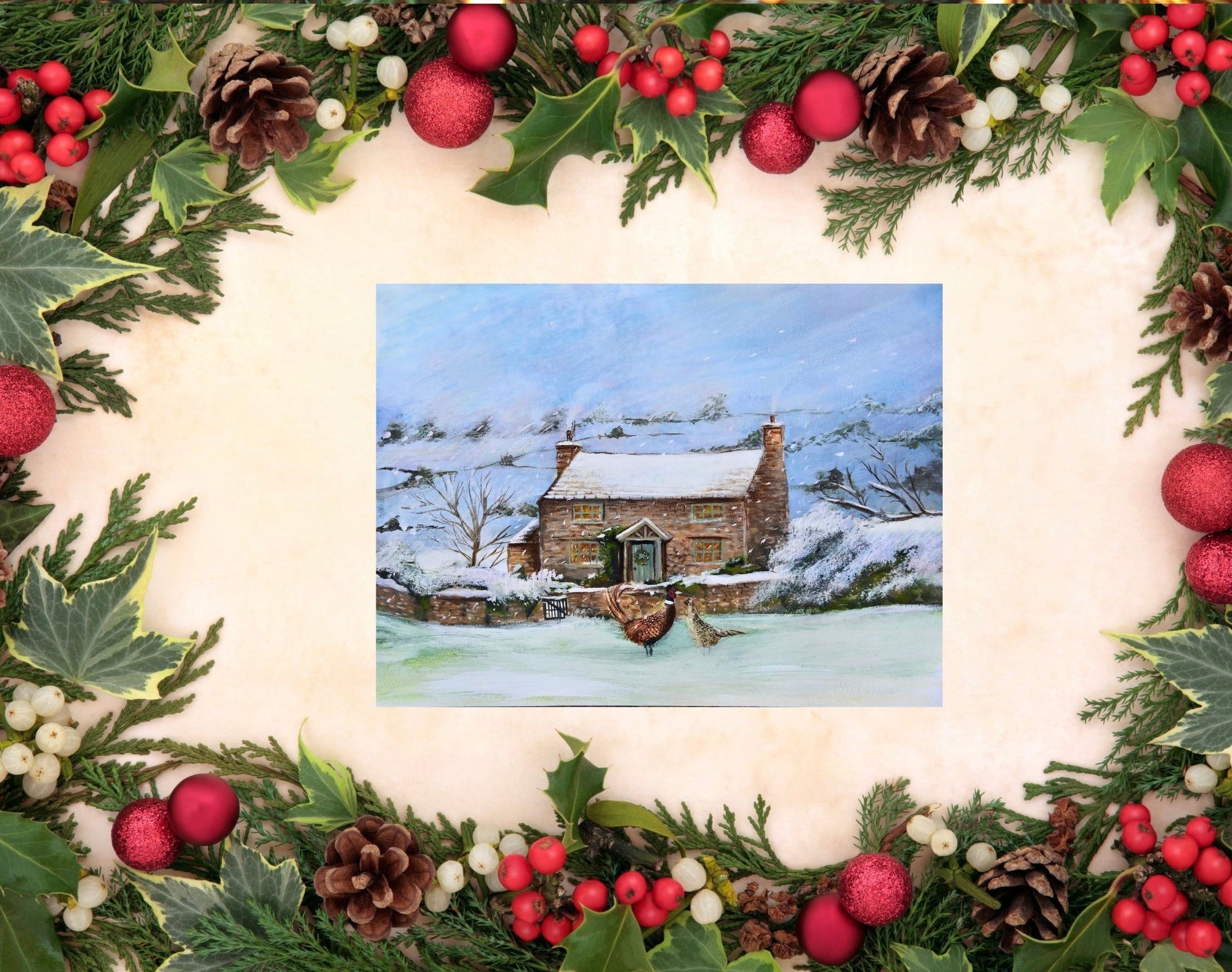 Winter Cottage with Pheasants Fine Art Print