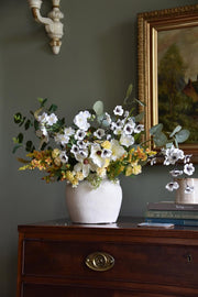 Large Ivory and Yellow Flower Arrangement including white blossom, yellow catmint flowers, stephanotis, magnolias, yellow carnations and green eucalyptus  
