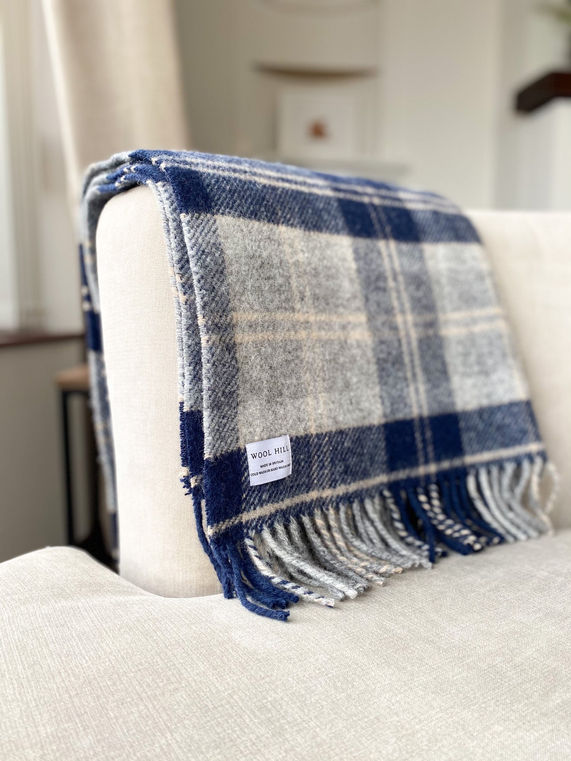 Merino Lambswool Throw Blanket- Bannockbane Navy Tartan-Made in England Merino Lambswool Throw Blanket- Bannockbane Navy Tartan-Made in England