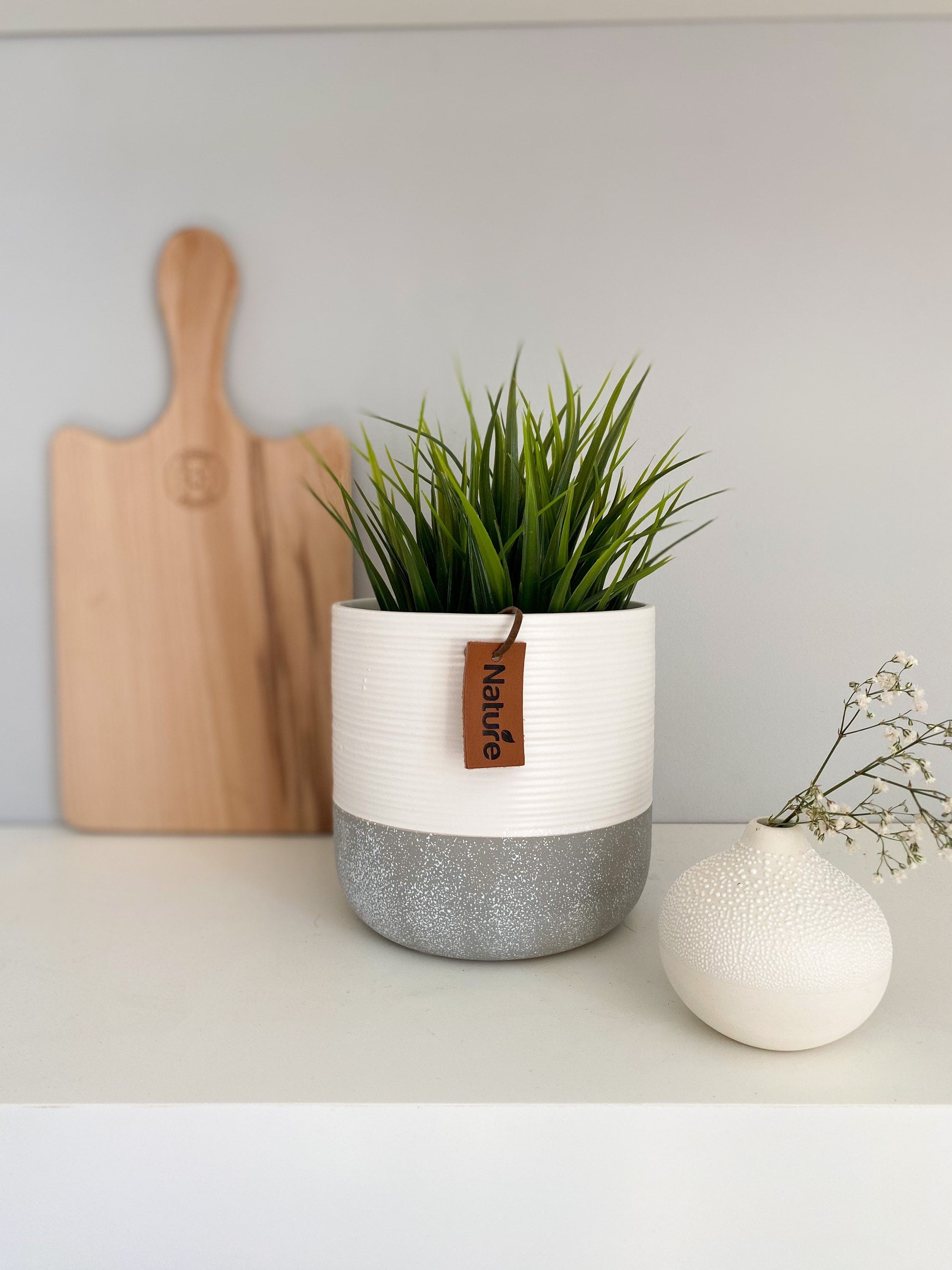 Grey and White Ceramic Ridge Planter