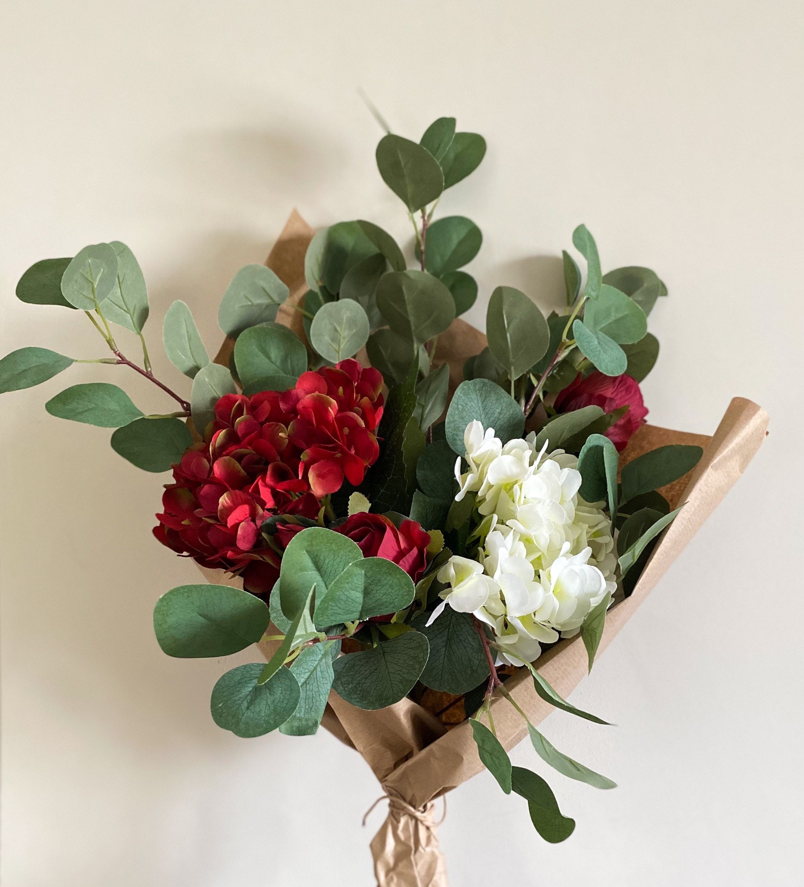 Red and Ivory Hydrangea Arrangement