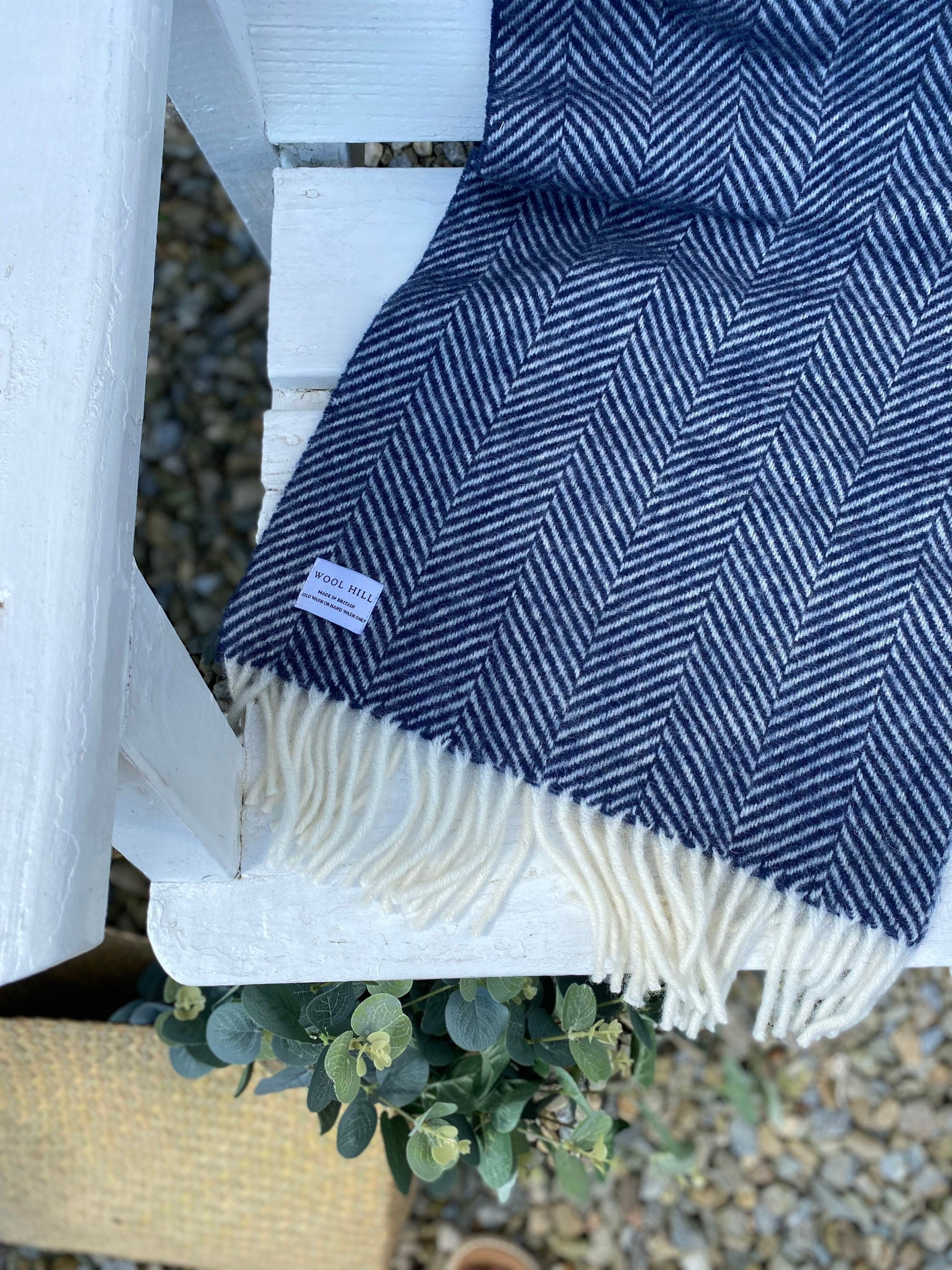 Navy Fishbone Wool Throw