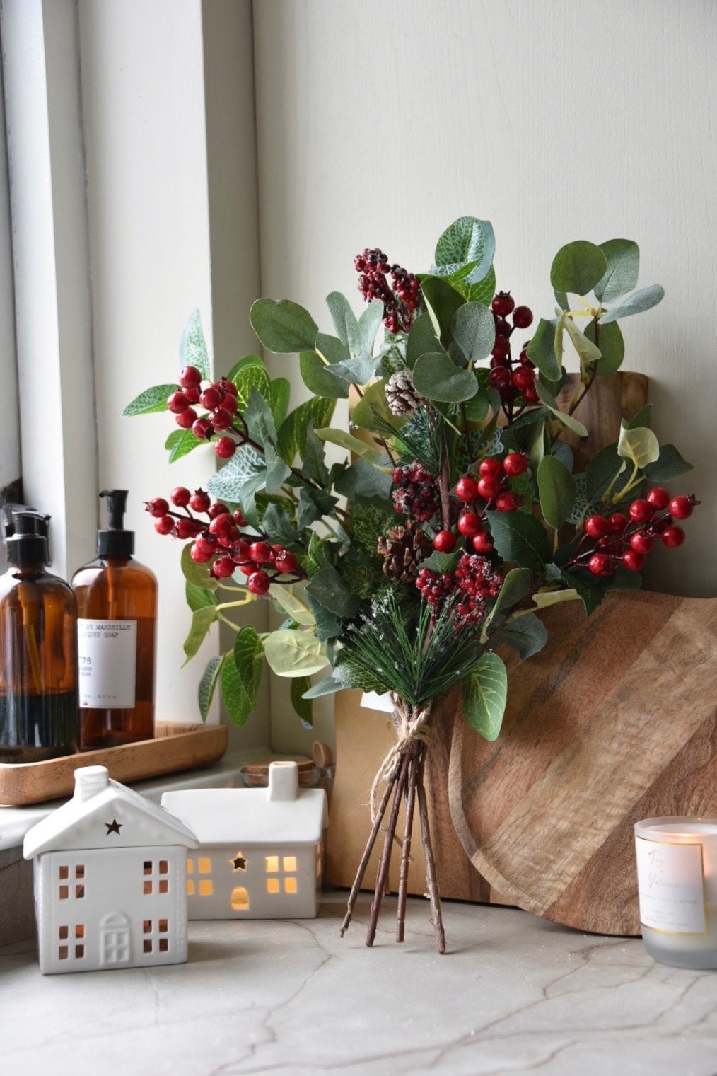 Red Berries, Pine Cones and Eucalyptus Bouquet