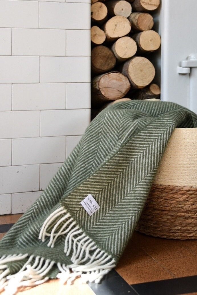 Olive Green Wool Throw Gift Set: British Made Blanket, Donegal Art Print and Mug