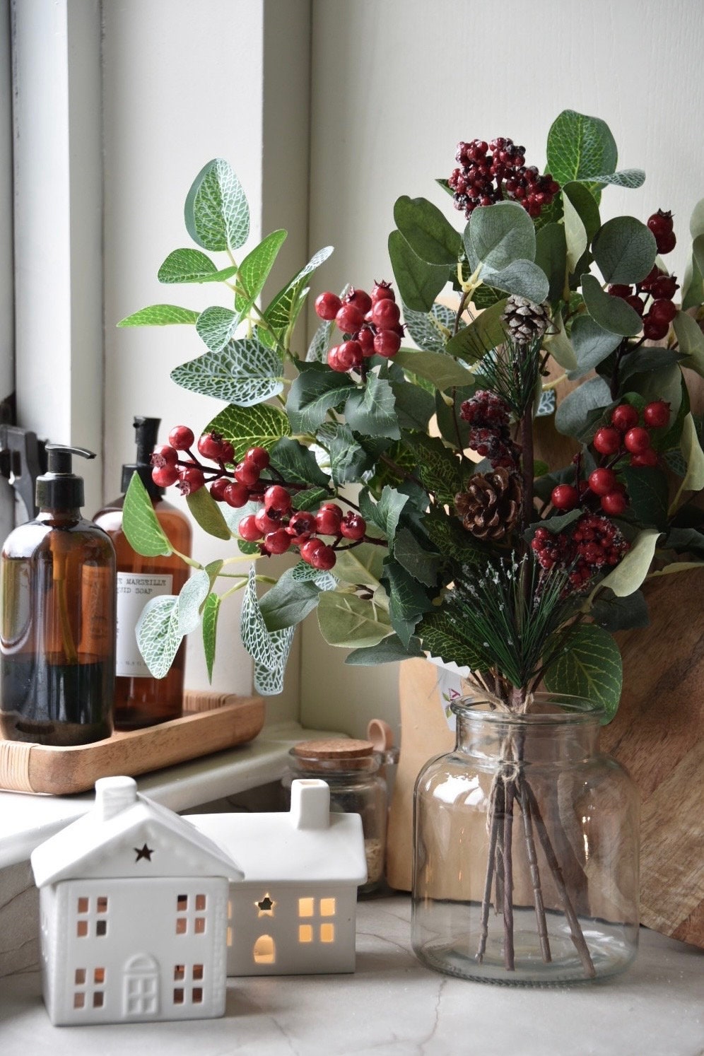 Red Berries, Pine Cones and Eucalyptus Bouquet