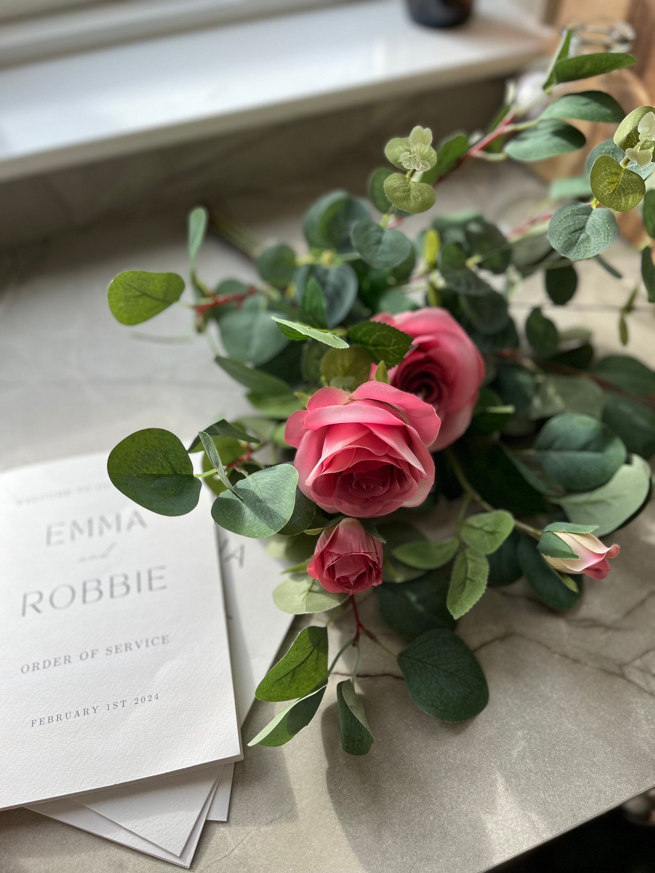 Pink garden roses with green eucalyptus. Perfect for wedding favours, centrepieces or home decor.