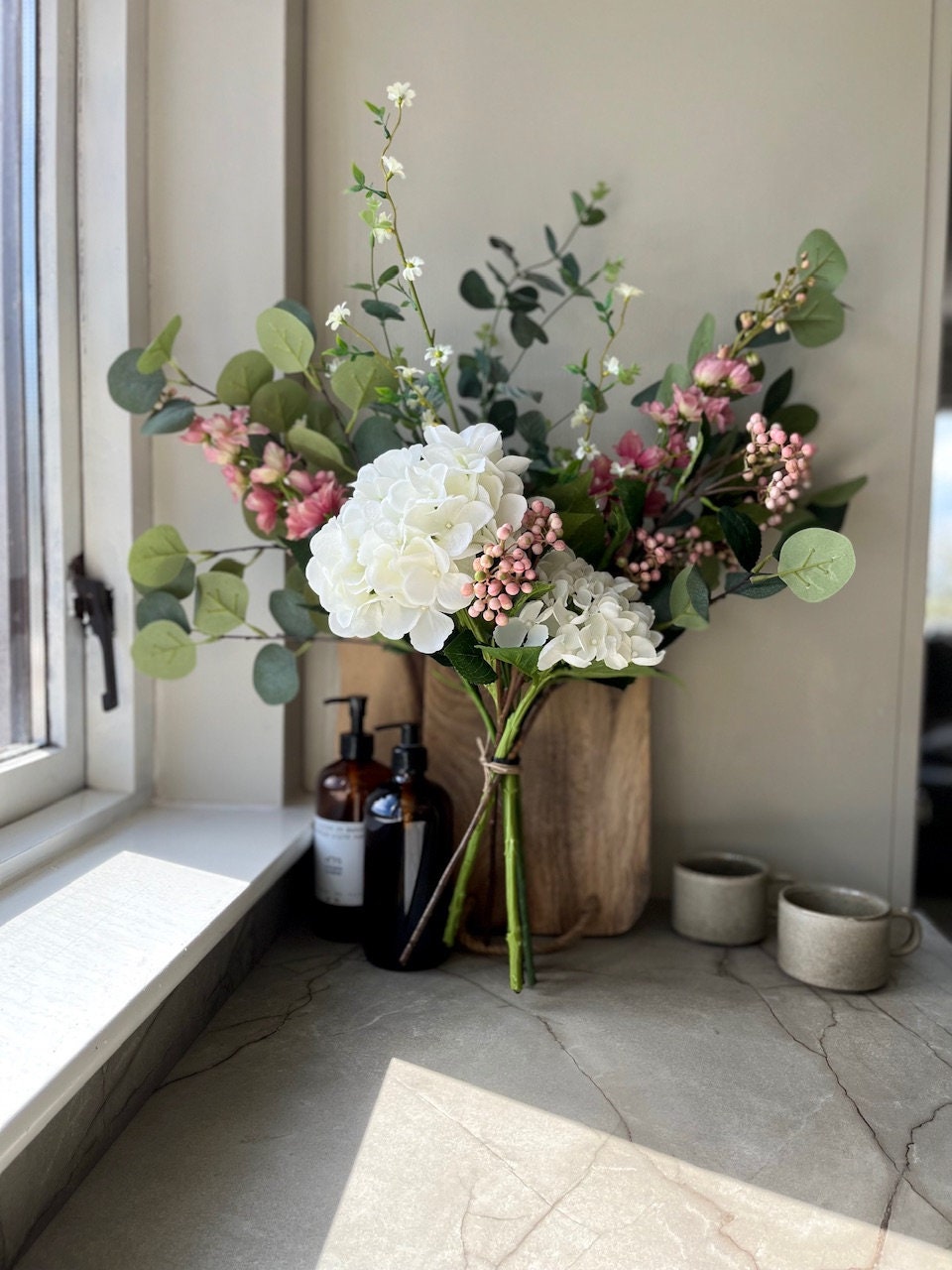 Ivory Hydrangea and Pink Berry Flower Arrangement