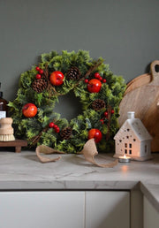 Red Christmas Wreath with Seasonal Fruit and Spruce- 12 inches