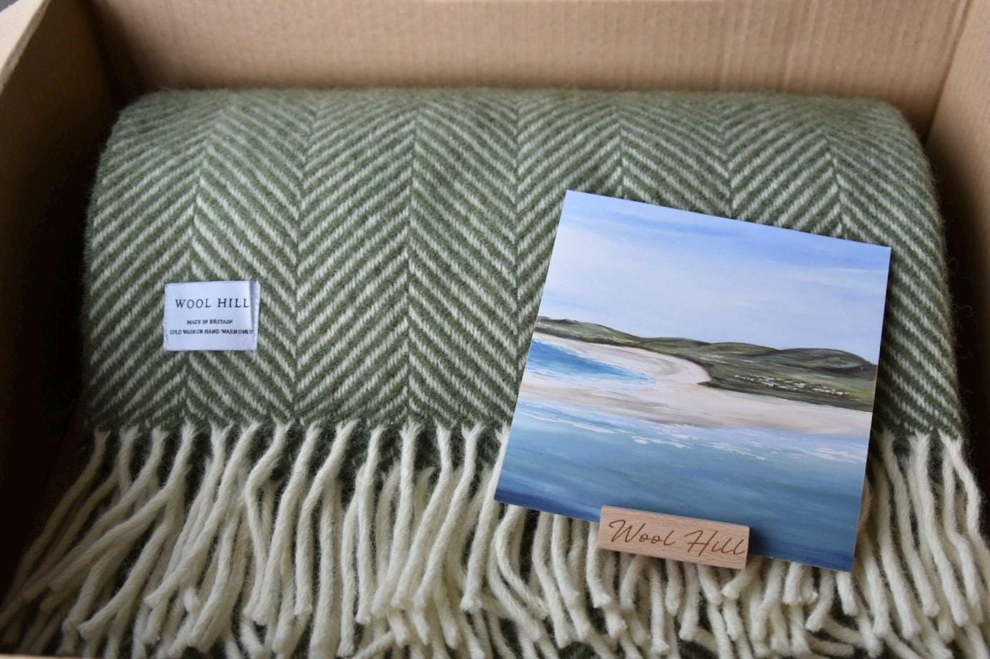 Olive Green Wool Throw Gift Set: British Made Blanket, Donegal Art Print and Mug