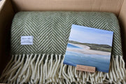 Olive Green Wool Throw Gift Set: British Made Blanket, Donegal Art Print and Mug