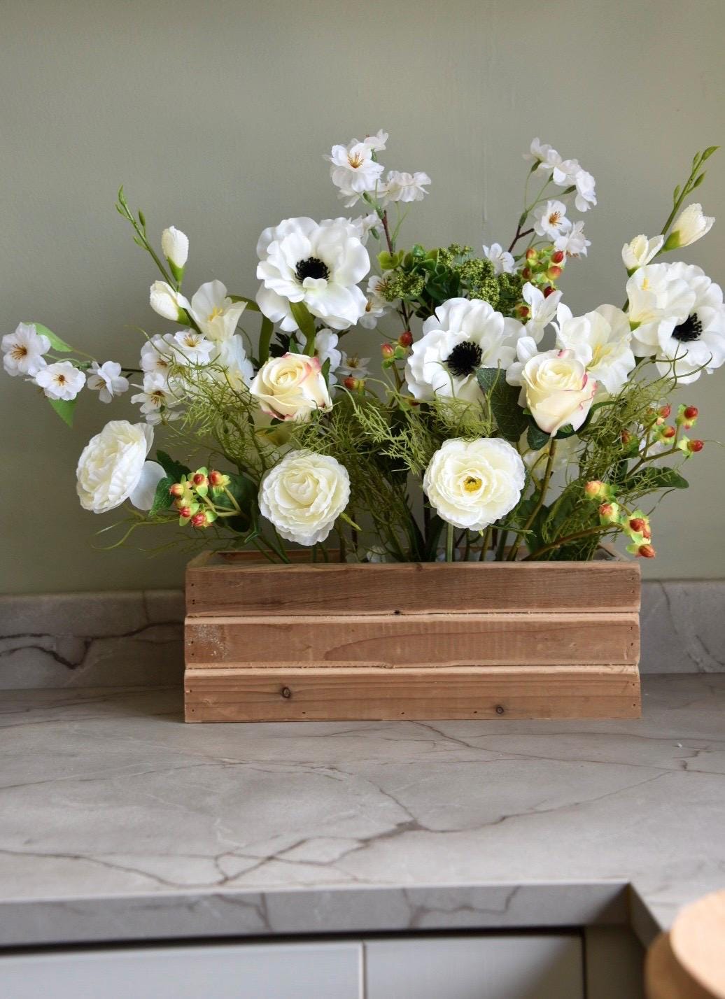 Ivory Wildflower Faux Flowers in Wooden Box