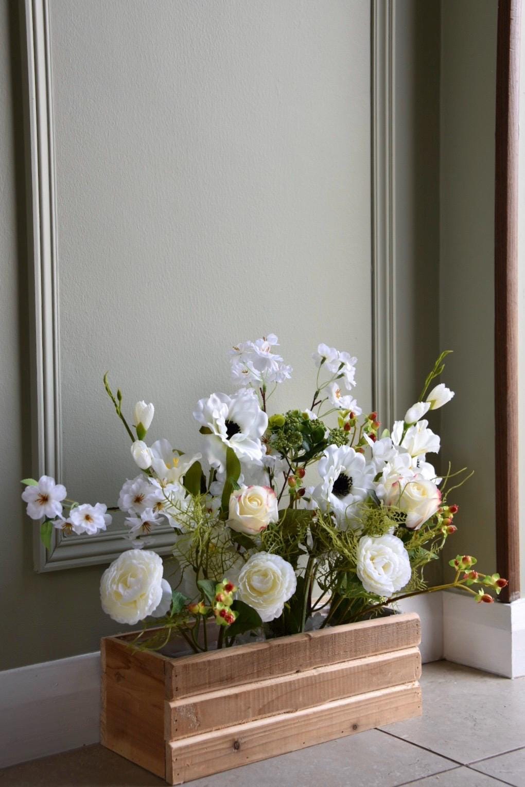 Ivory Wildflower Faux Flowers in Wooden Box