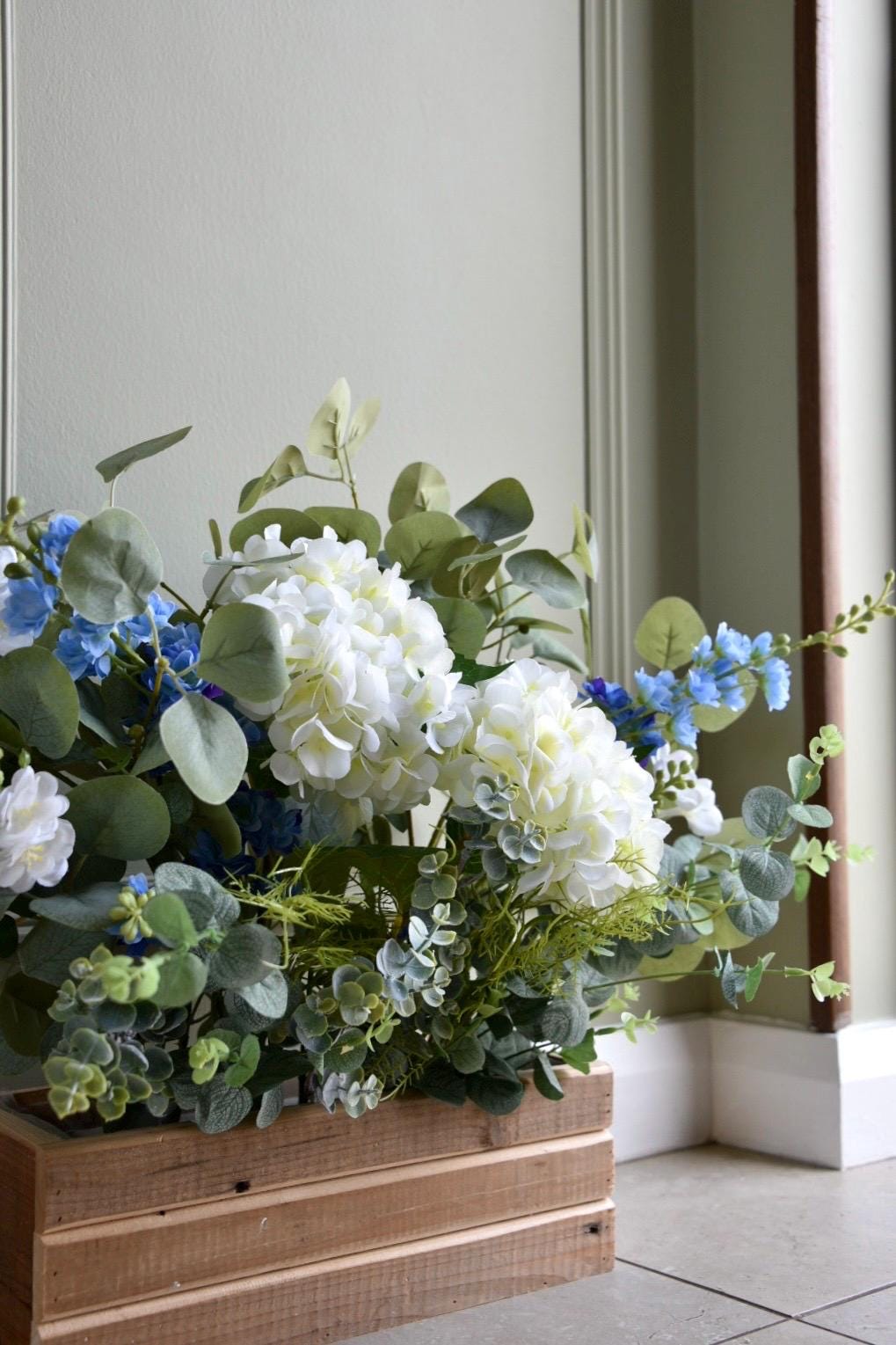 Ivory Hydrangea and Blue Delphinium Arrangement in Wooden Box