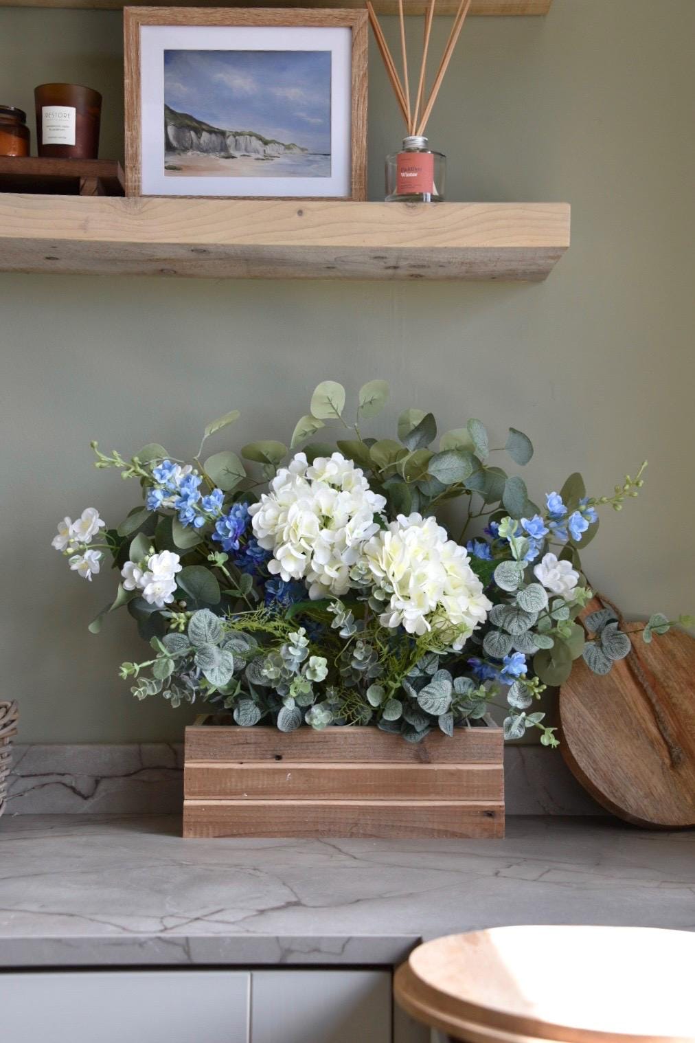 Ivory Hydrangea and Blue Delphinium Arrangement in Wooden Box