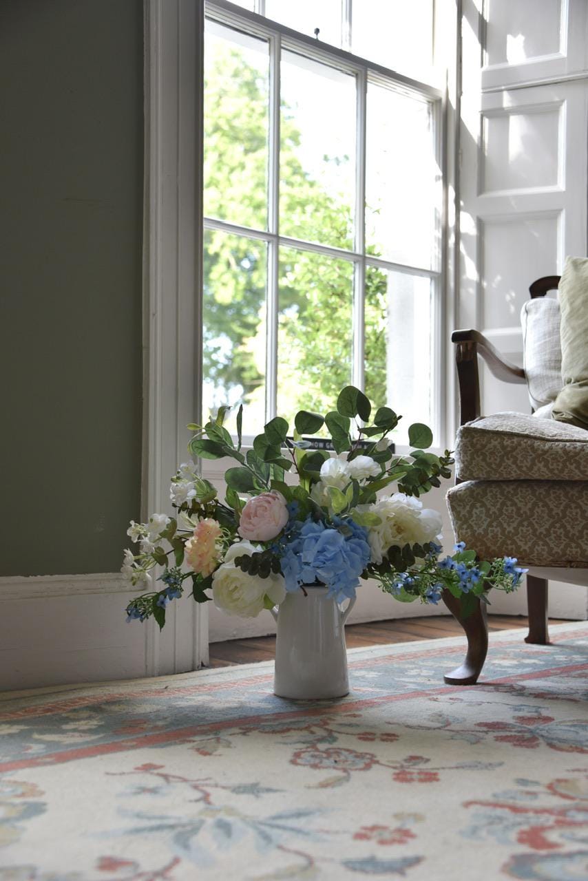 Colourful Faux Wildflower Bouquet: Pink Roses, Blue Hydrangea and Eucalyptus