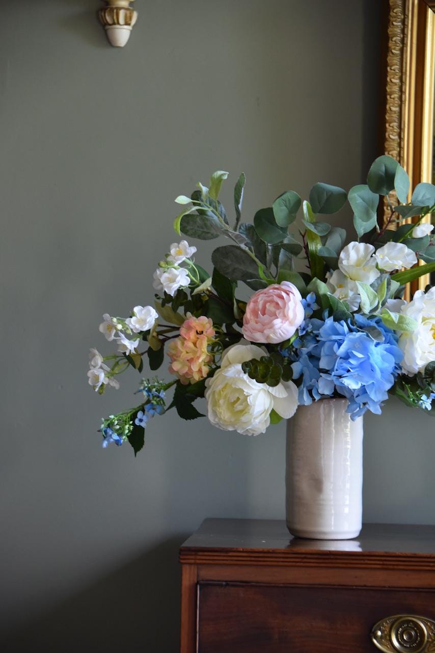 Colourful Faux Wildflower Bouquet: Pink Roses, Blue Hydrangea and Eucalyptus