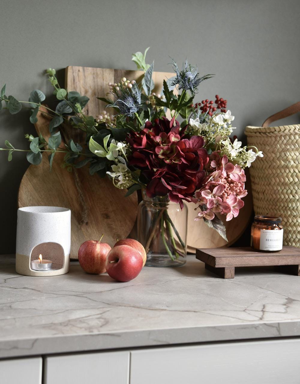 Faux Harvest Hydrangeas, Berries and Blue Thistle Bunch