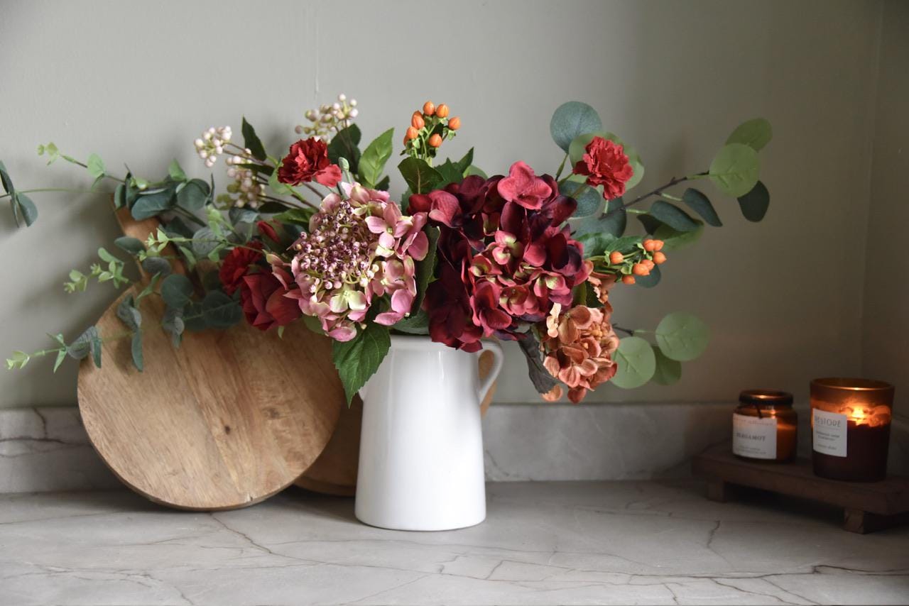 Handmade Red Hydrangea & Berry Floral Arrangement