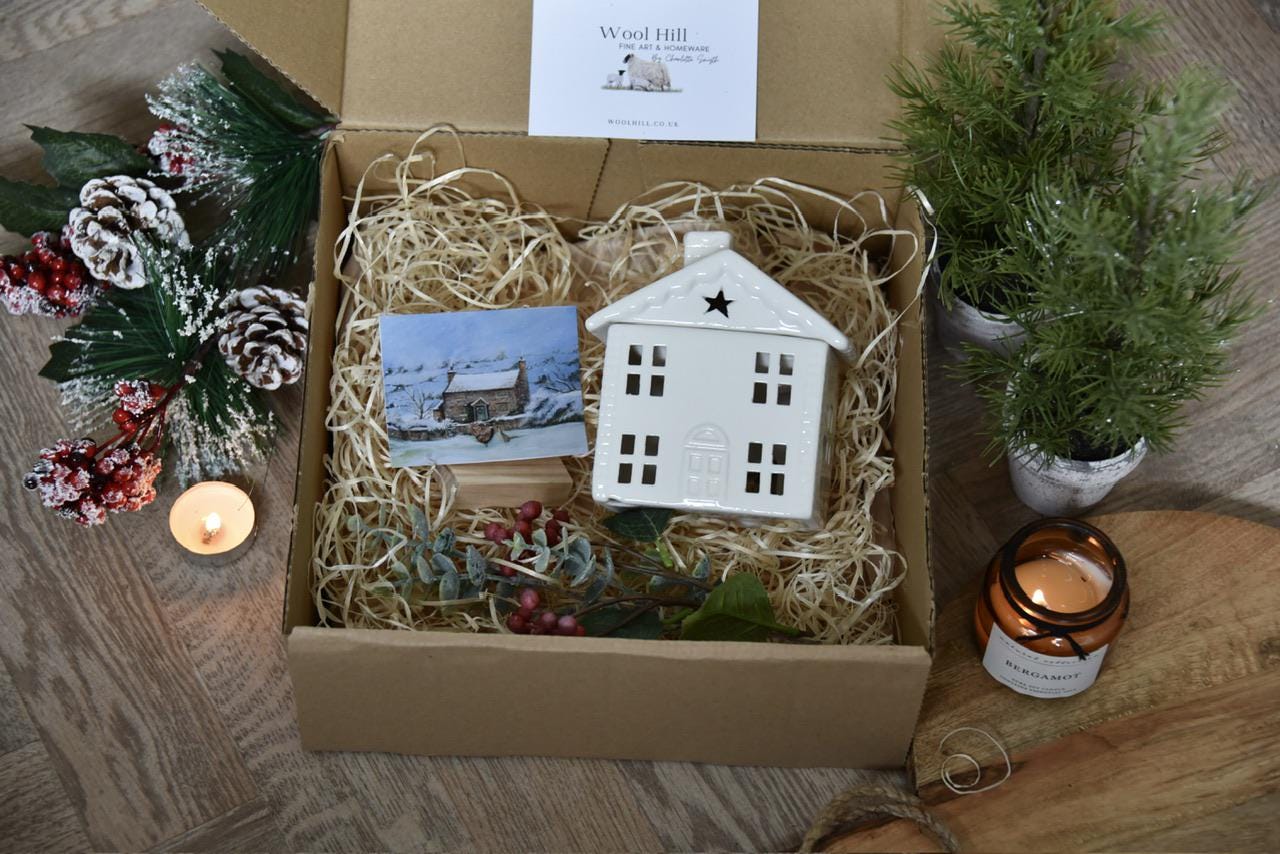 Ceramic House Gift Set with Posy of Eucalyptus and Berries & Handmade Print