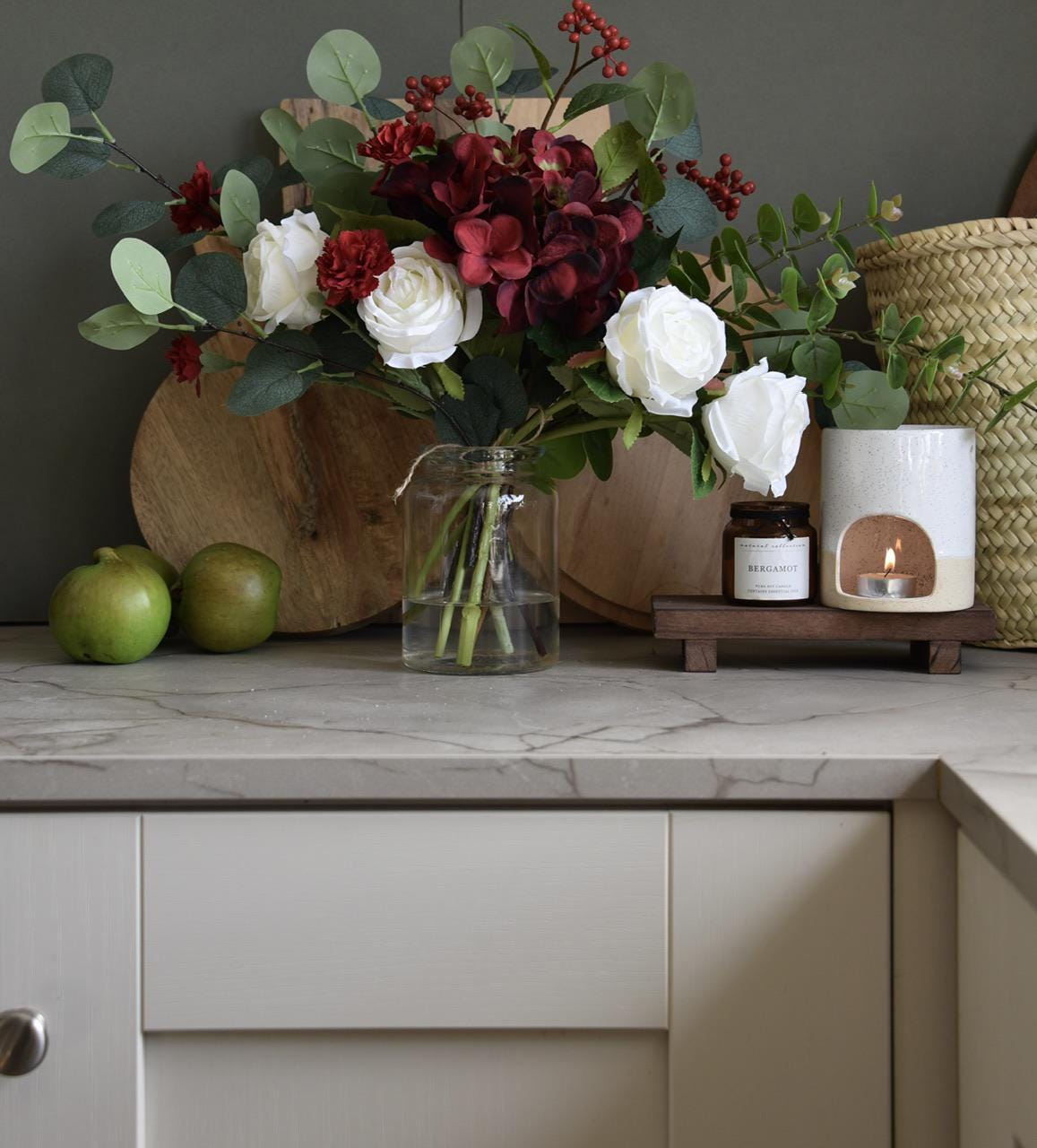 Faux Red Hydrangea, Berries and Roses Arrangement