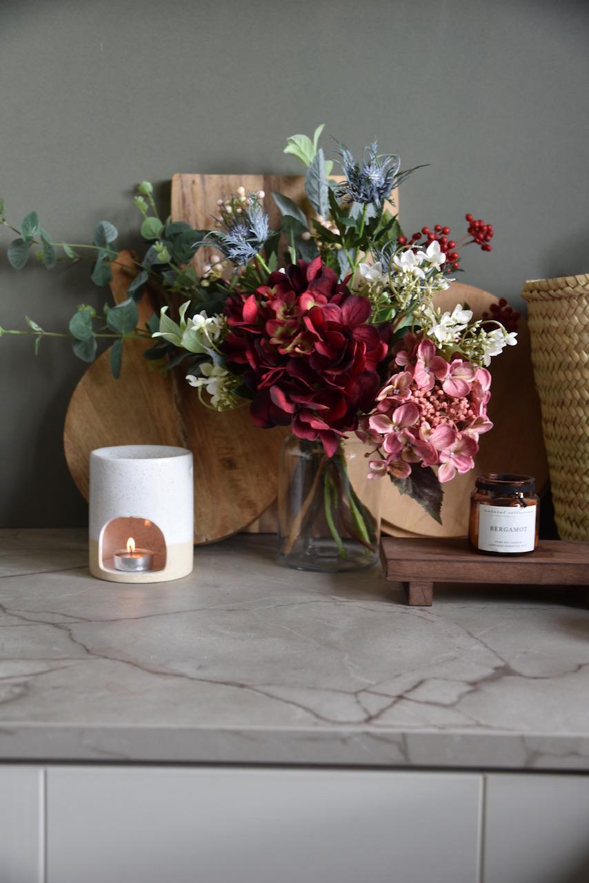 Faux Harvest Hydrangeas, Berries and Blue Thistle Bunch