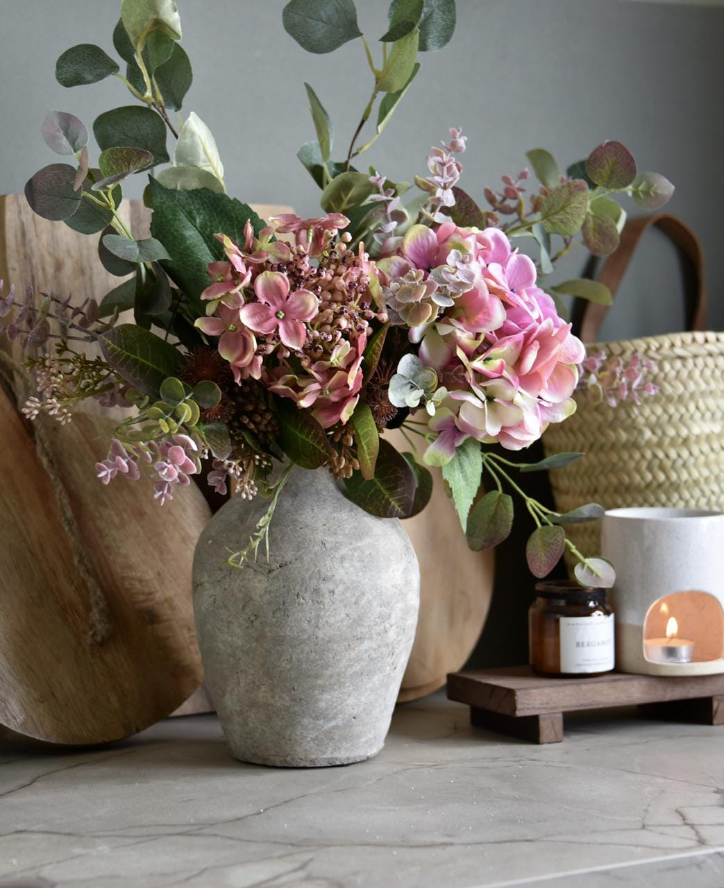 Faux Budding Pink Hydrangea Flower Arrangement