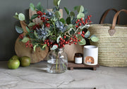 Faux Snow Holly, Red Berries, Dried Blue Thistles and Eucalyptus