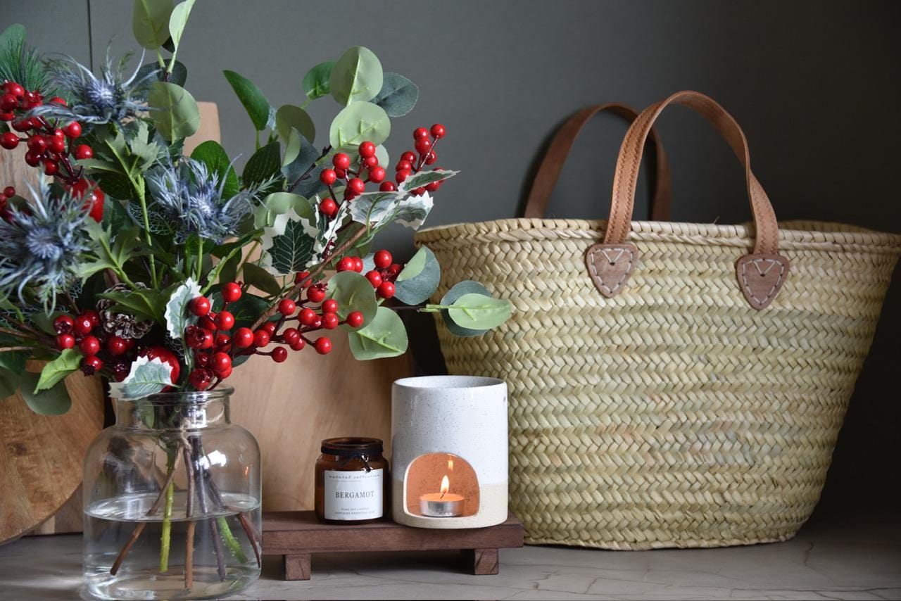 Faux Snow Holly, Red Berries, Dried Blue Thistles and Eucalyptus