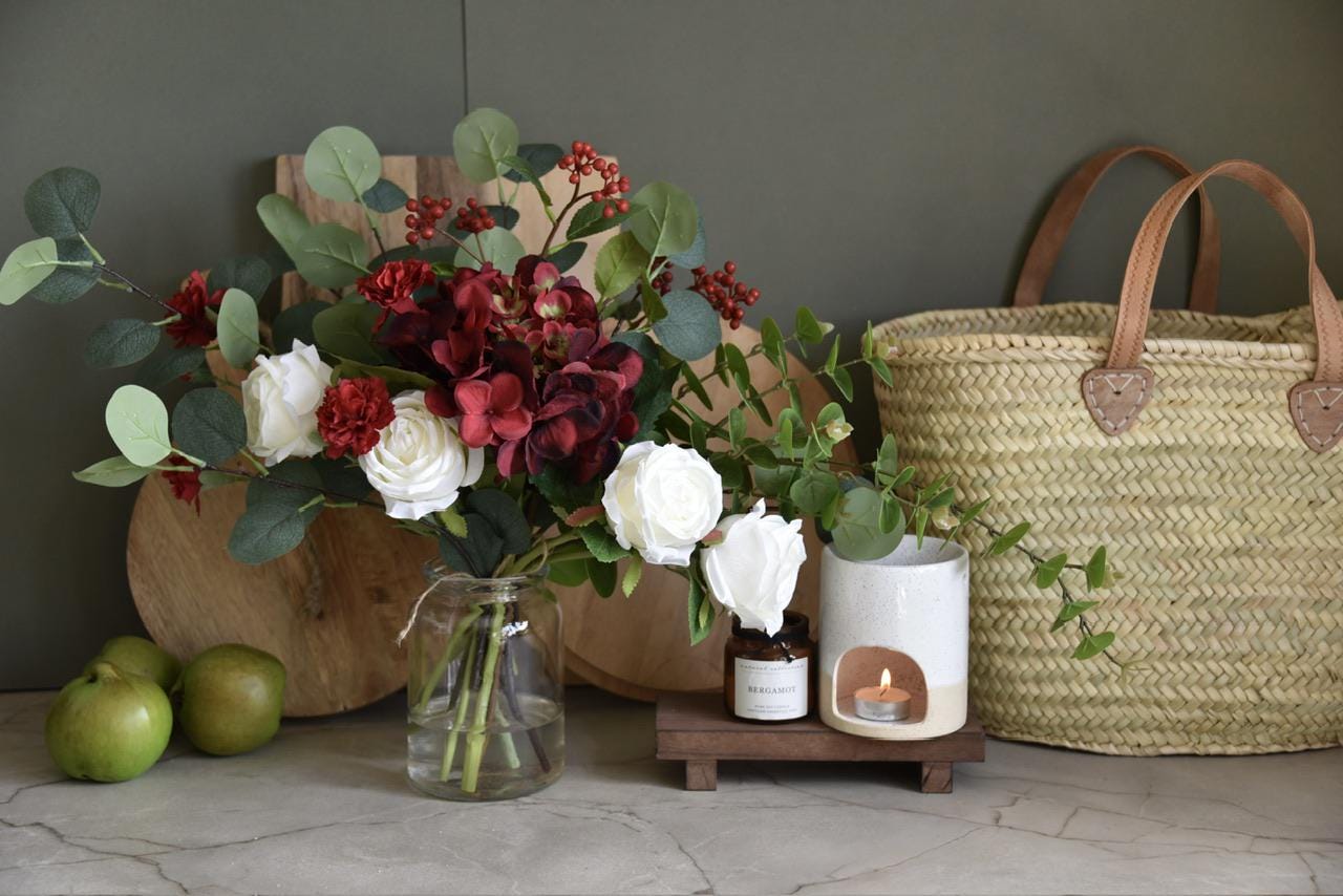 Faux Red Hydrangea, Berries and Roses Arrangement