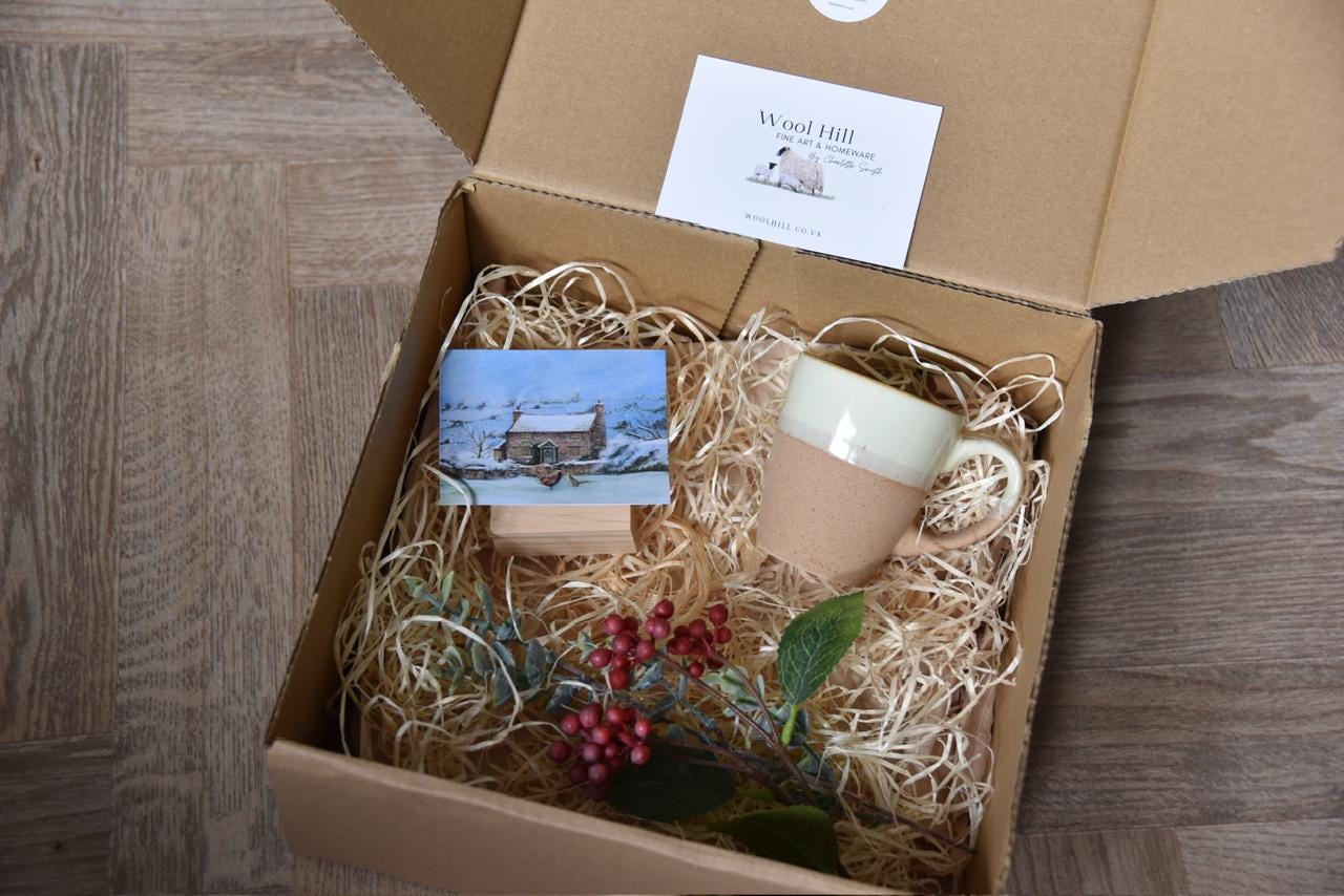 Artisan Mug Gift Set with Handmade Art Print and Bunch of Faux Flowers