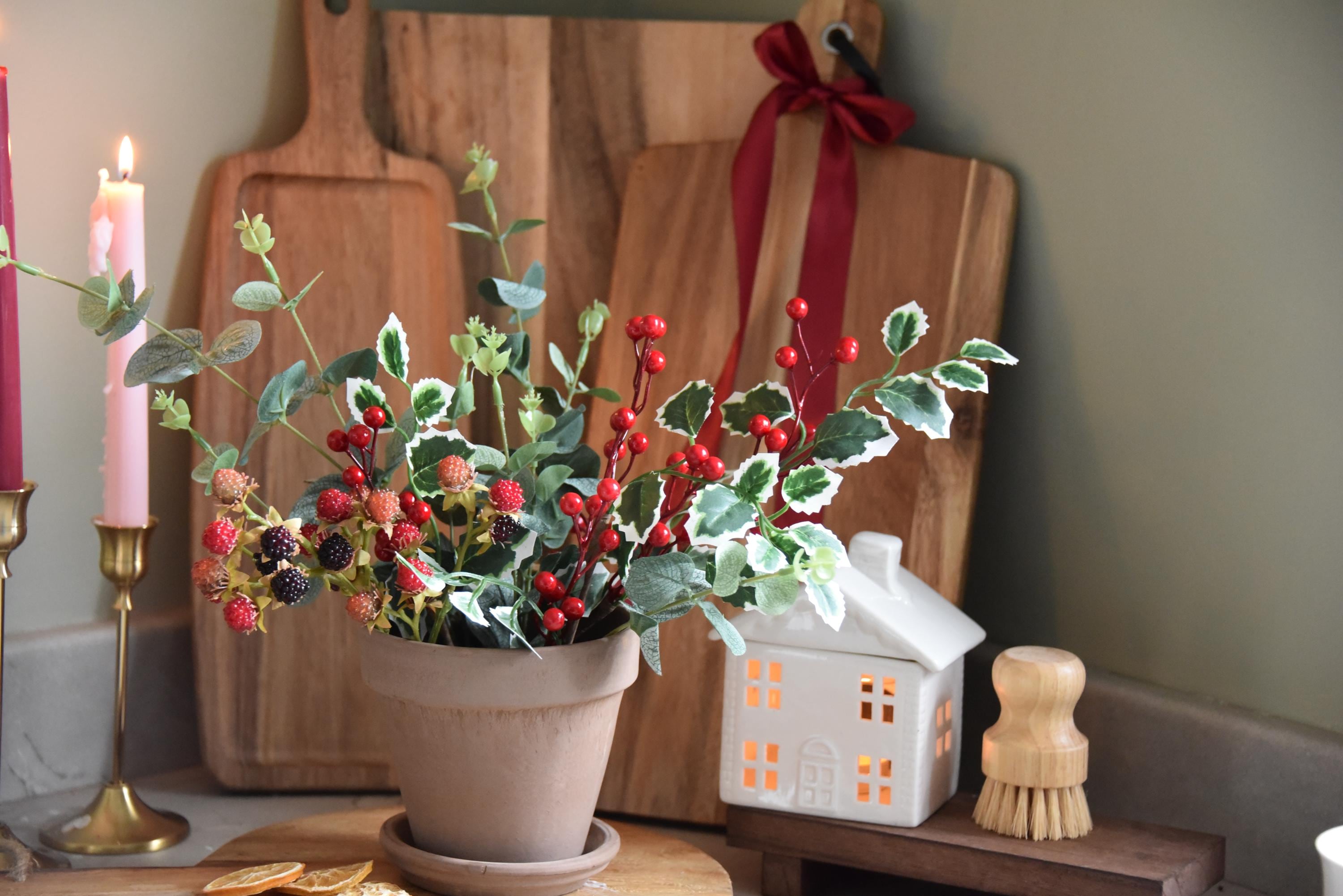 Hedgerow Winter Berries and Foliage in Terracotta Plant Pot & Saucer