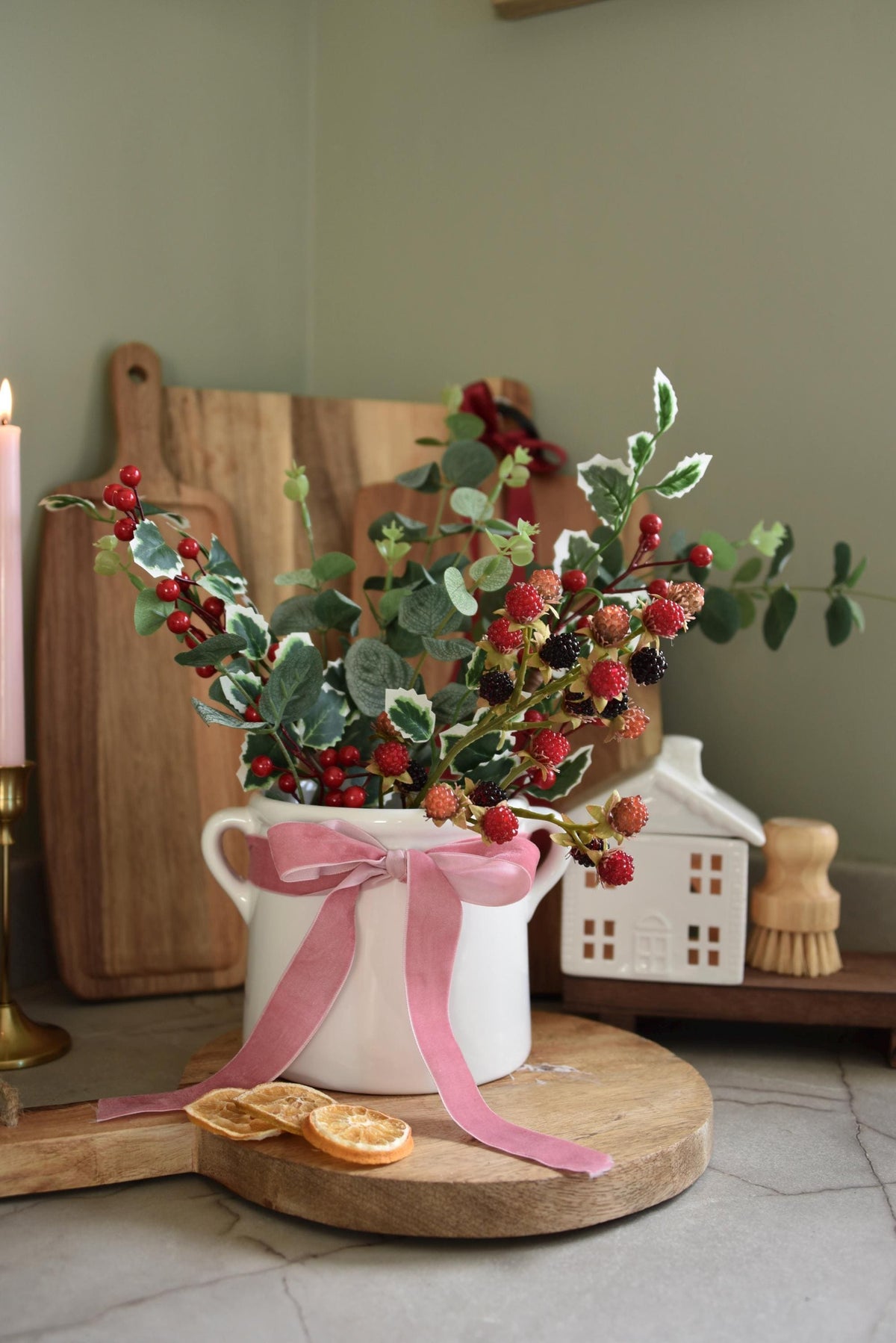 White Ceramic Vase With Pink Velvet Bow and Red Faux Flower Berry Arrangement