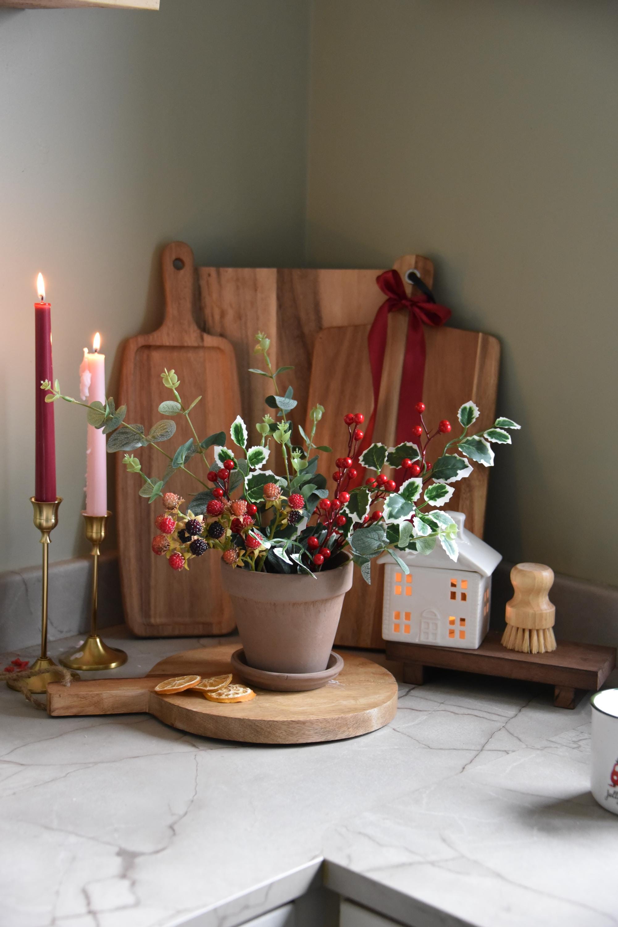 Hedgerow Winter Berries and Foliage in Terracotta Plant Pot & Saucer