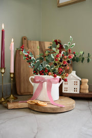 White Ceramic Vase With Pink Velvet Bow and Red Faux Flower Berry Arrangement