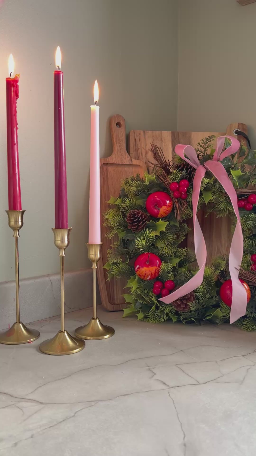 Load video: Winter Wreath with Velvet Pink Ribbon